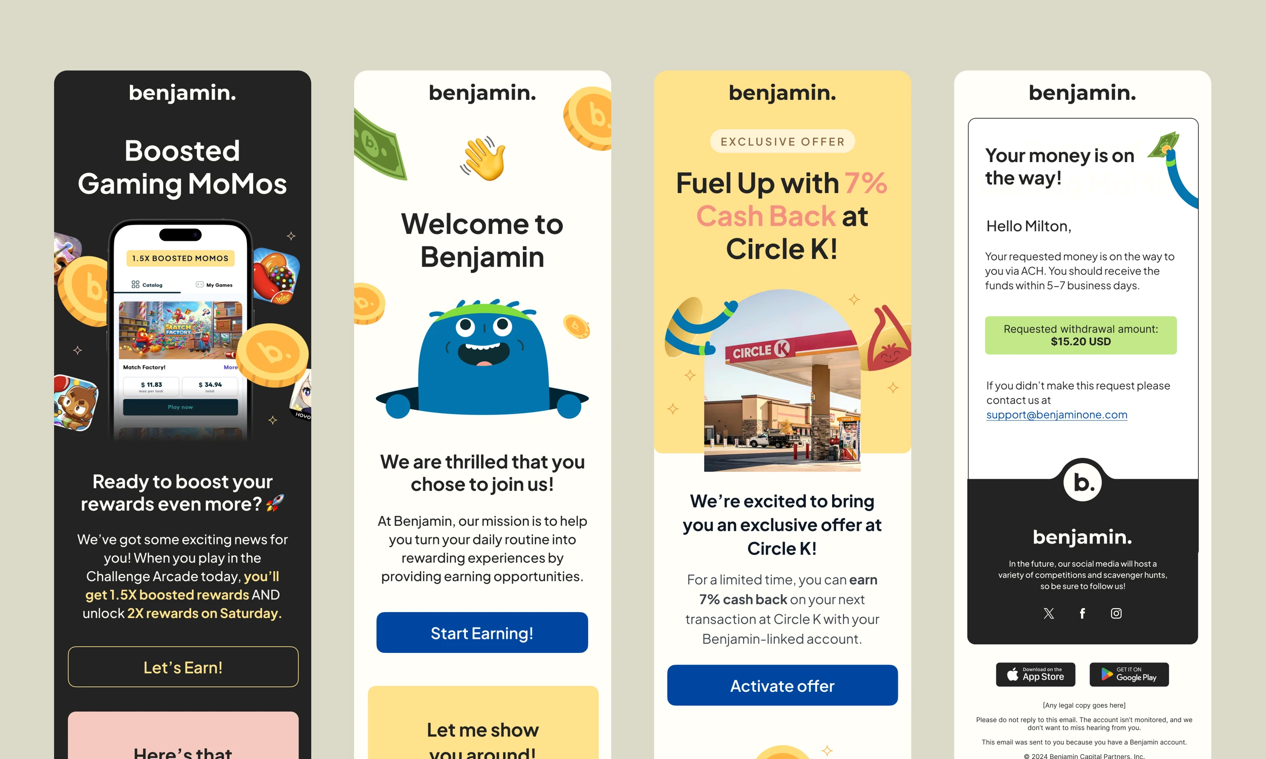 Four Benjamin email designs covering gaming rewards, onboarding, a Circle K offer, and payment confirmation