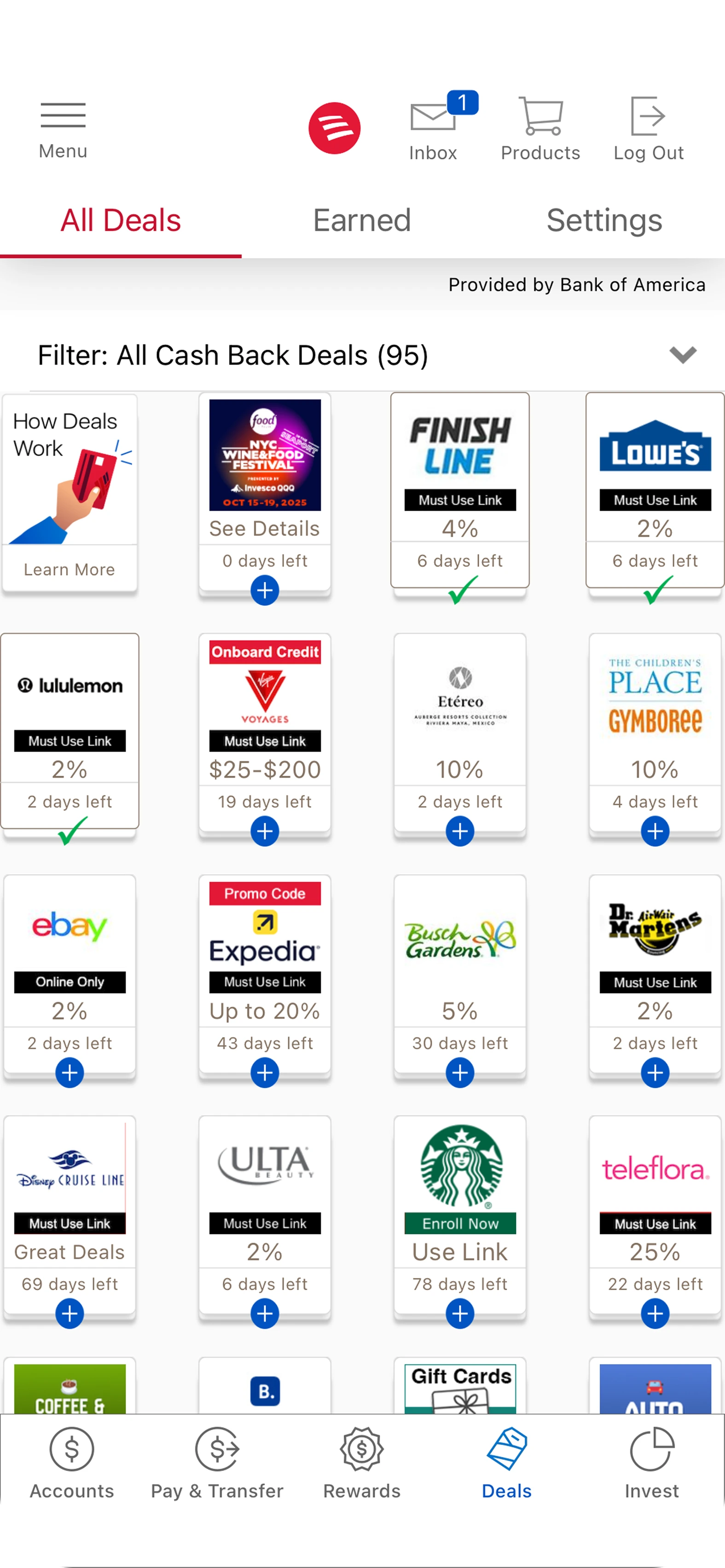 Bank of America rewards screen with merchant deals and navigation