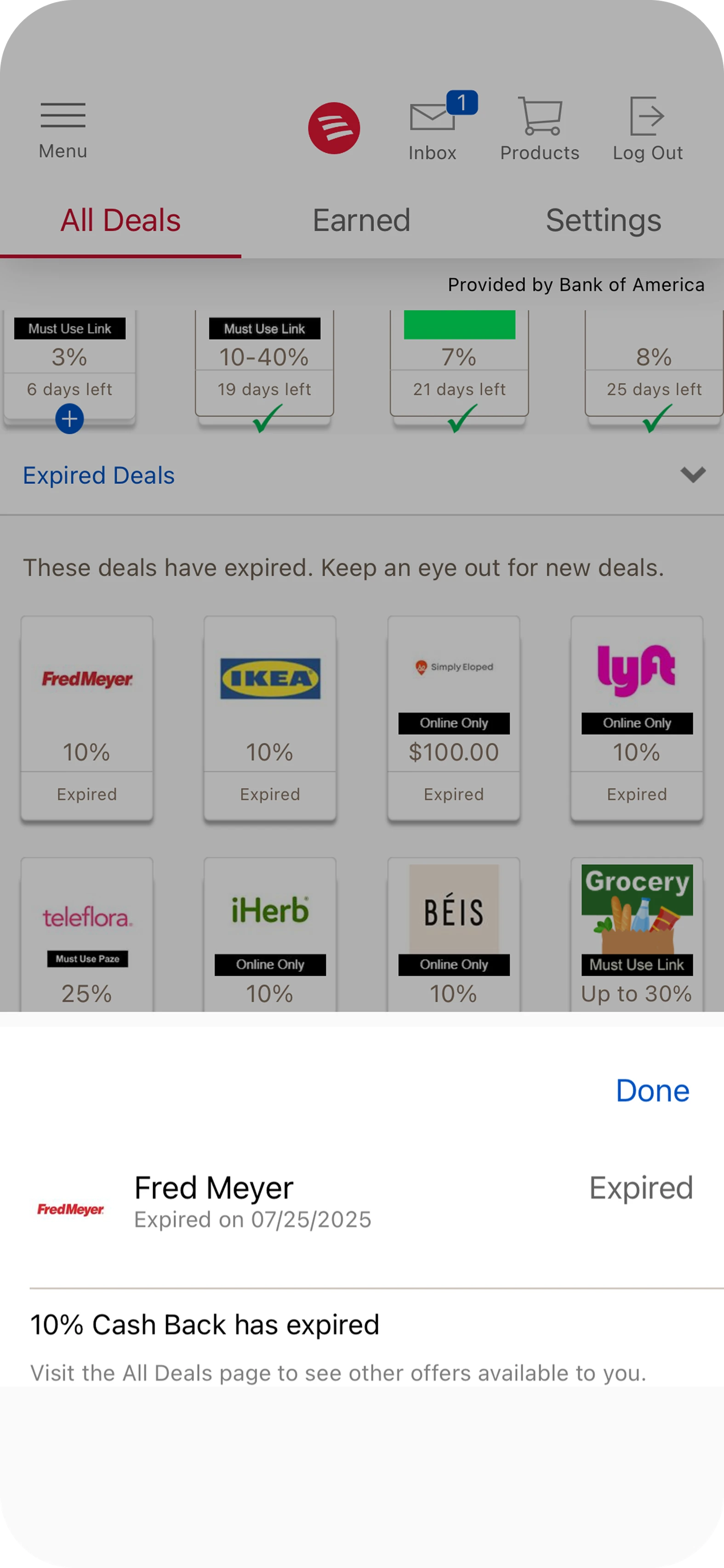 Bank of America expired cashback offer message above the deals screen