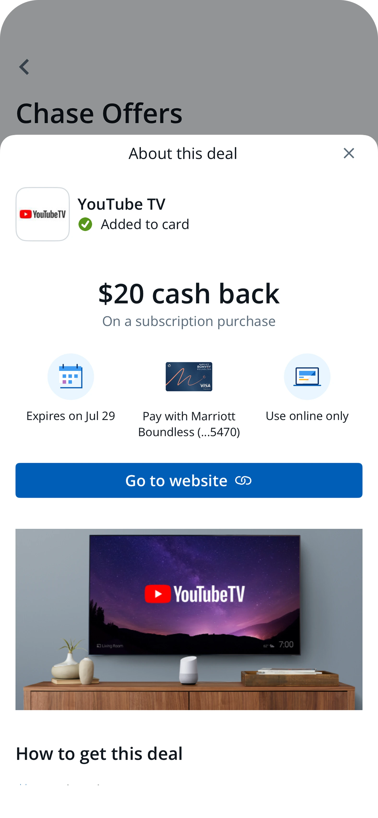 Chase YouTube TV offer detail with cashback amount, requirements, and call to action