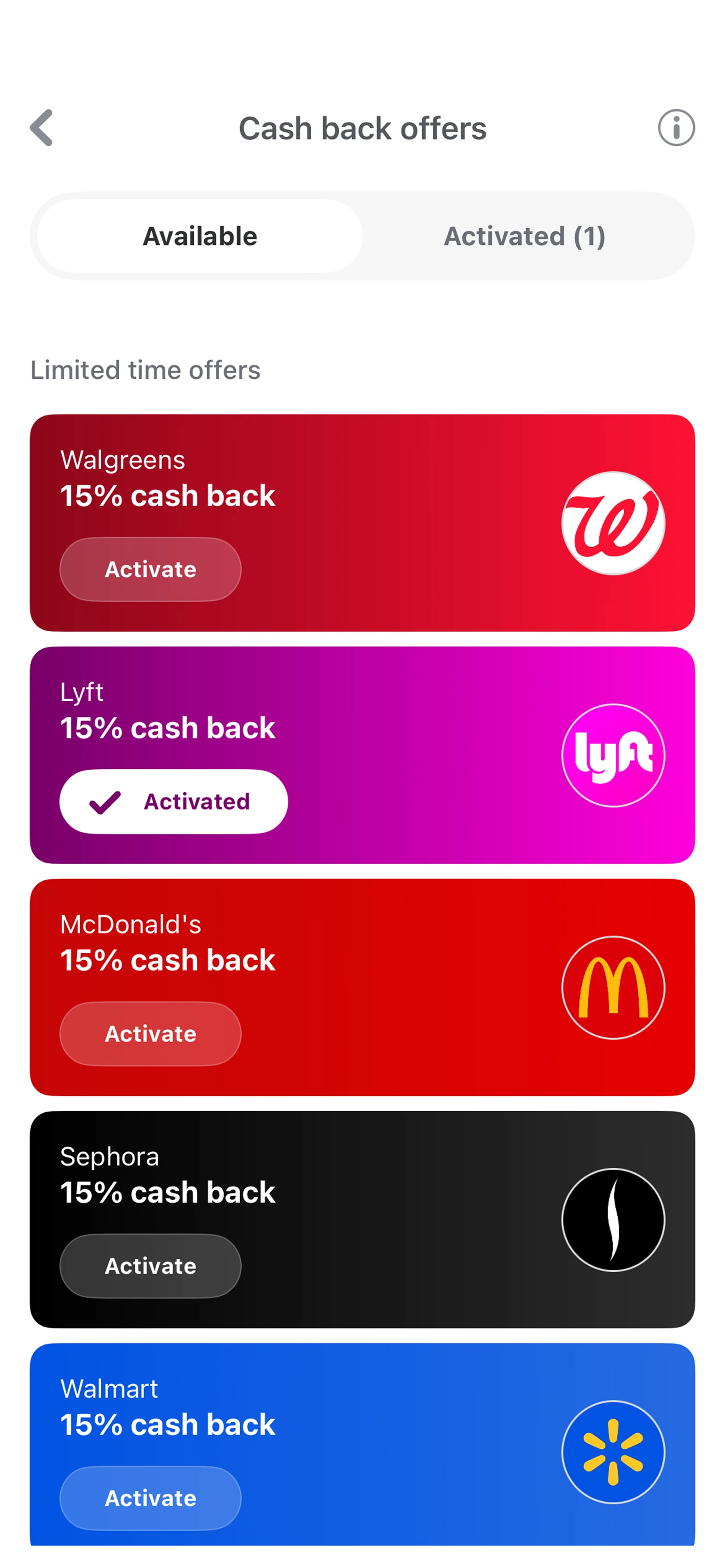 Venmo cash back offer list with available and activated tabs