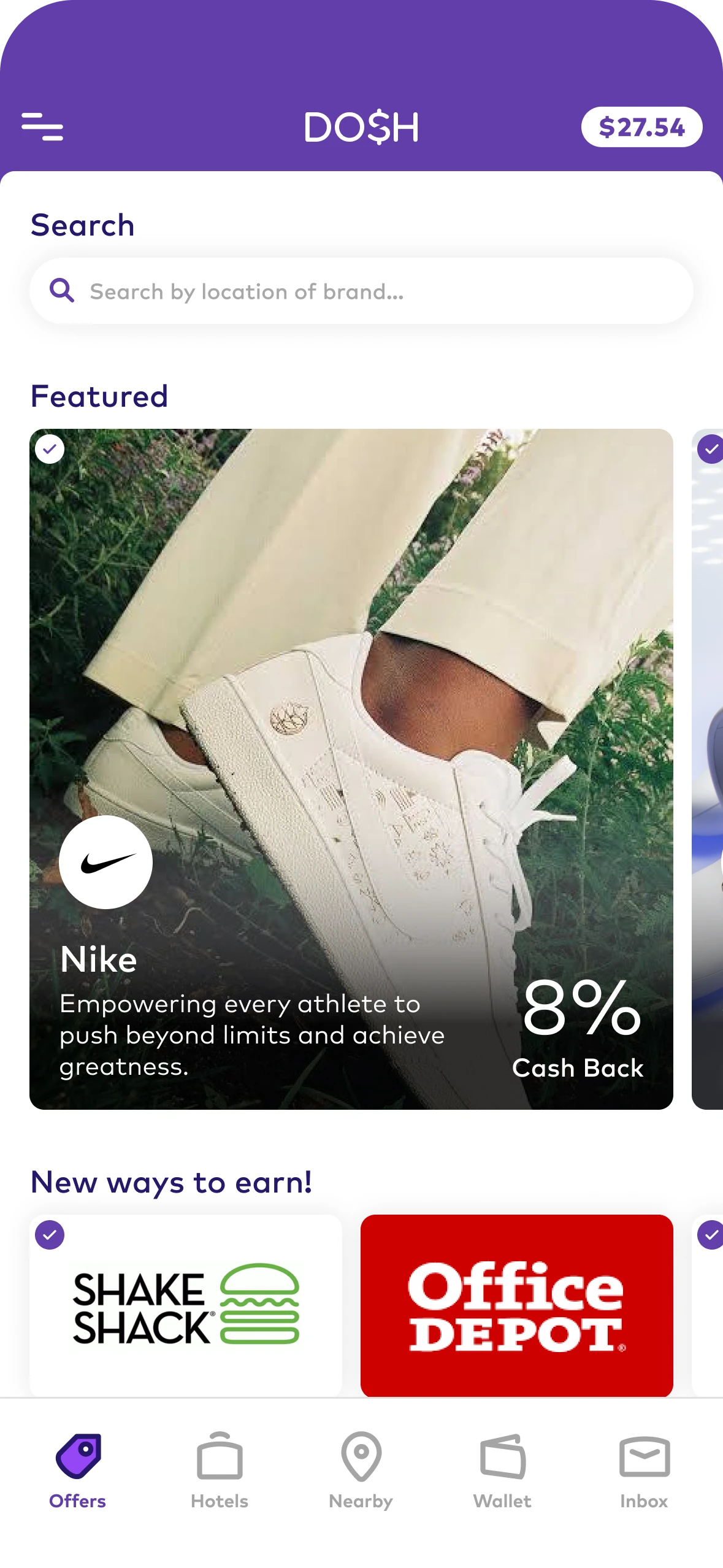 Dosh feed with a featured Nike cashback offer and merchant tiles
