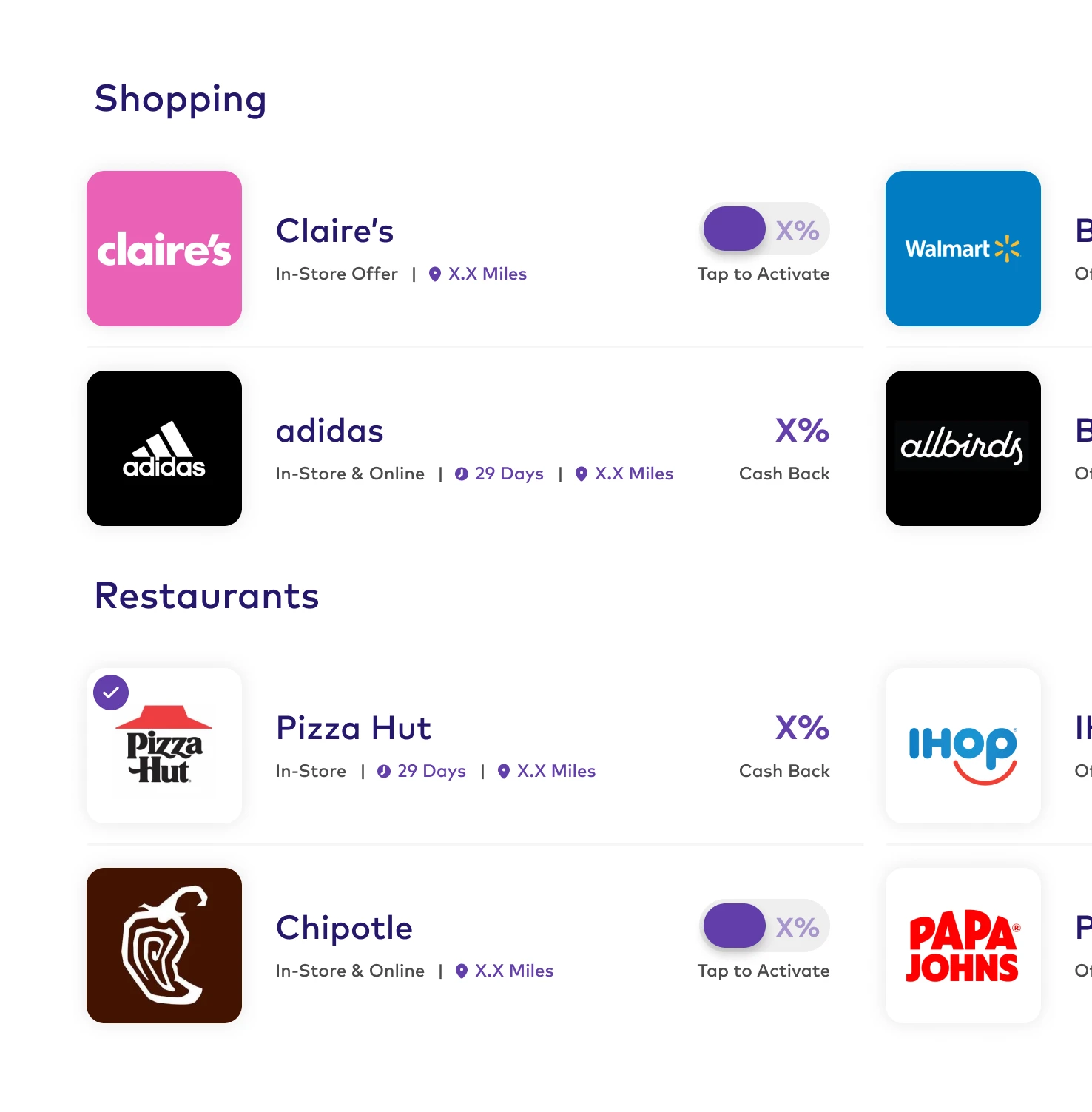 Offer layout experiment with merchants arranged in horizontal category rows