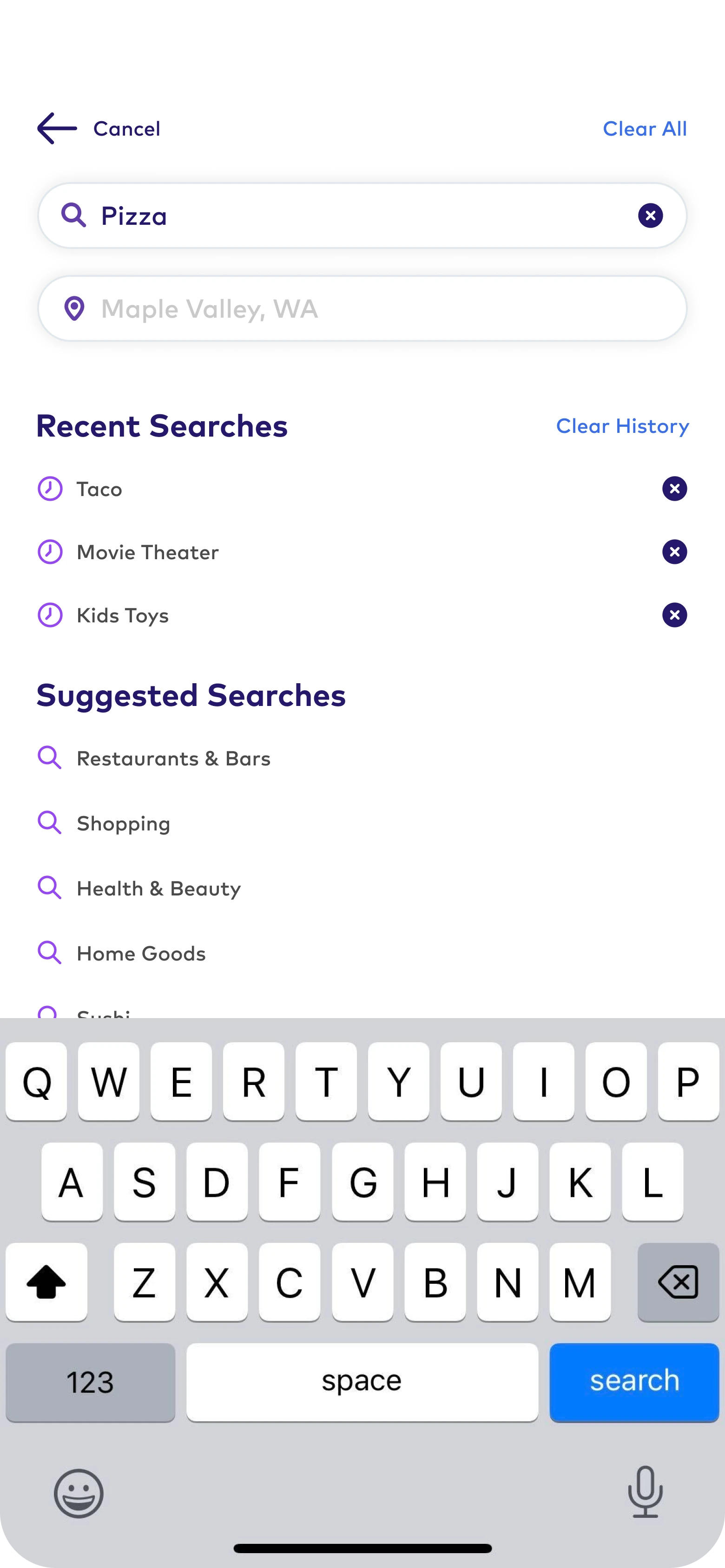 Dosh search interface showing recent searches and merchant suggestions