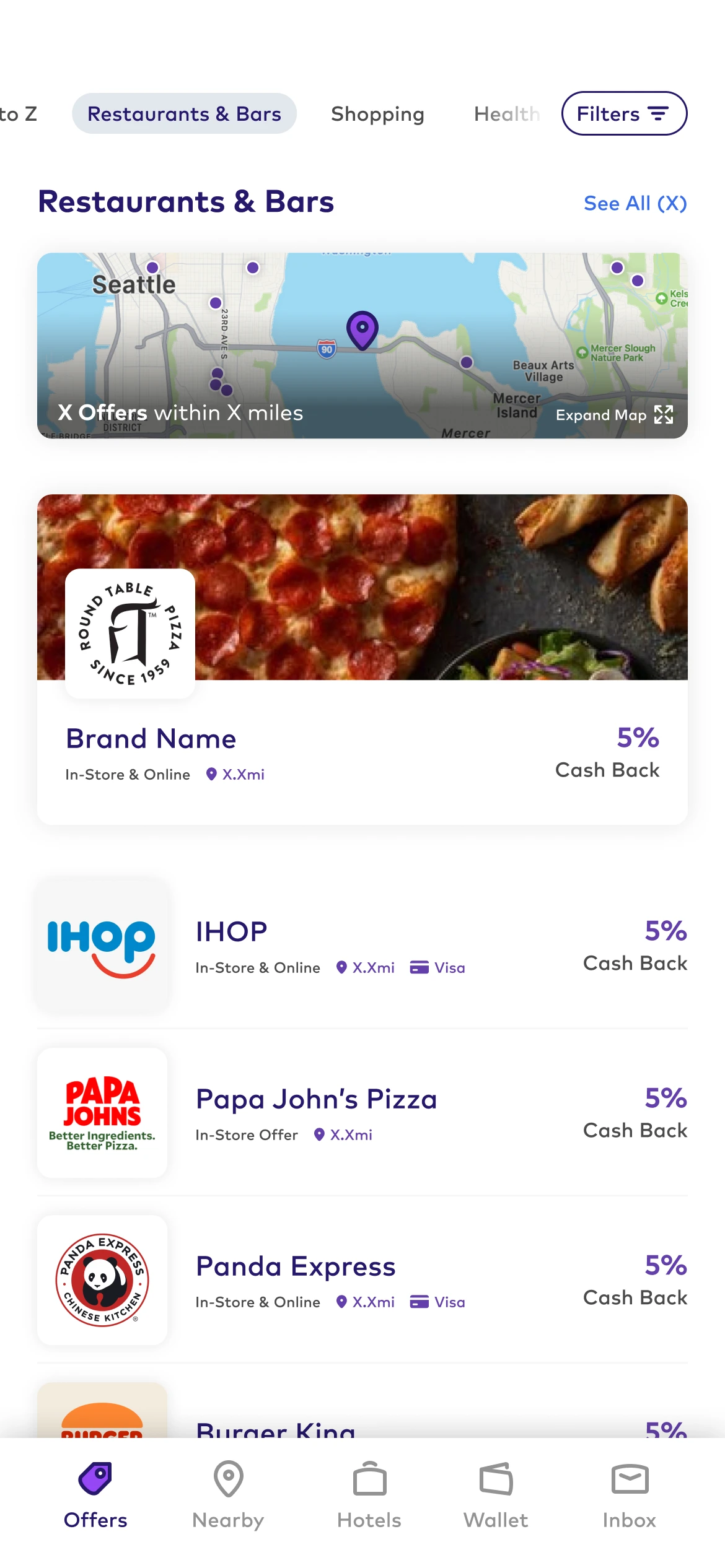 Dosh offers with a persistent category bar and restaurant listings