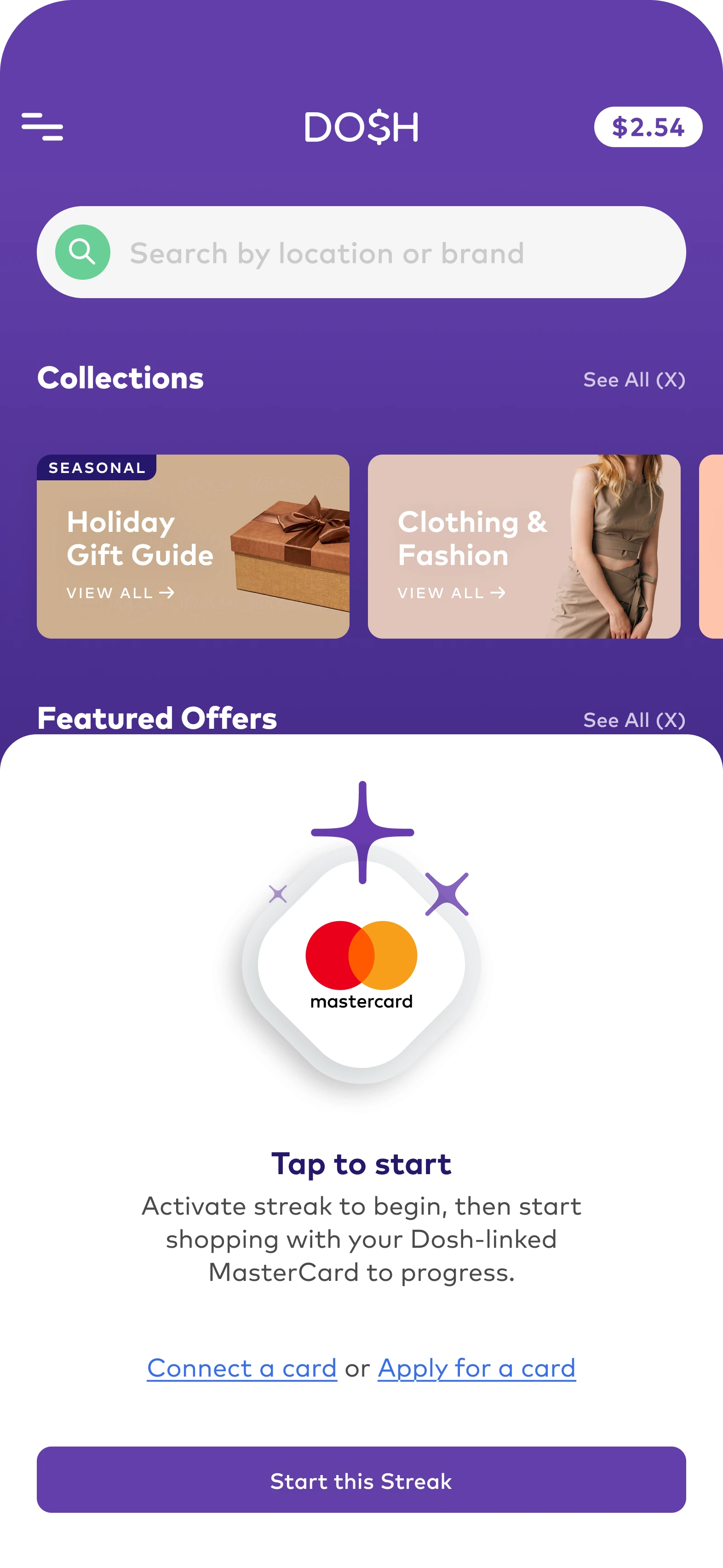 Dosh streak reward entry point with Mastercard branding and Start My Streak action