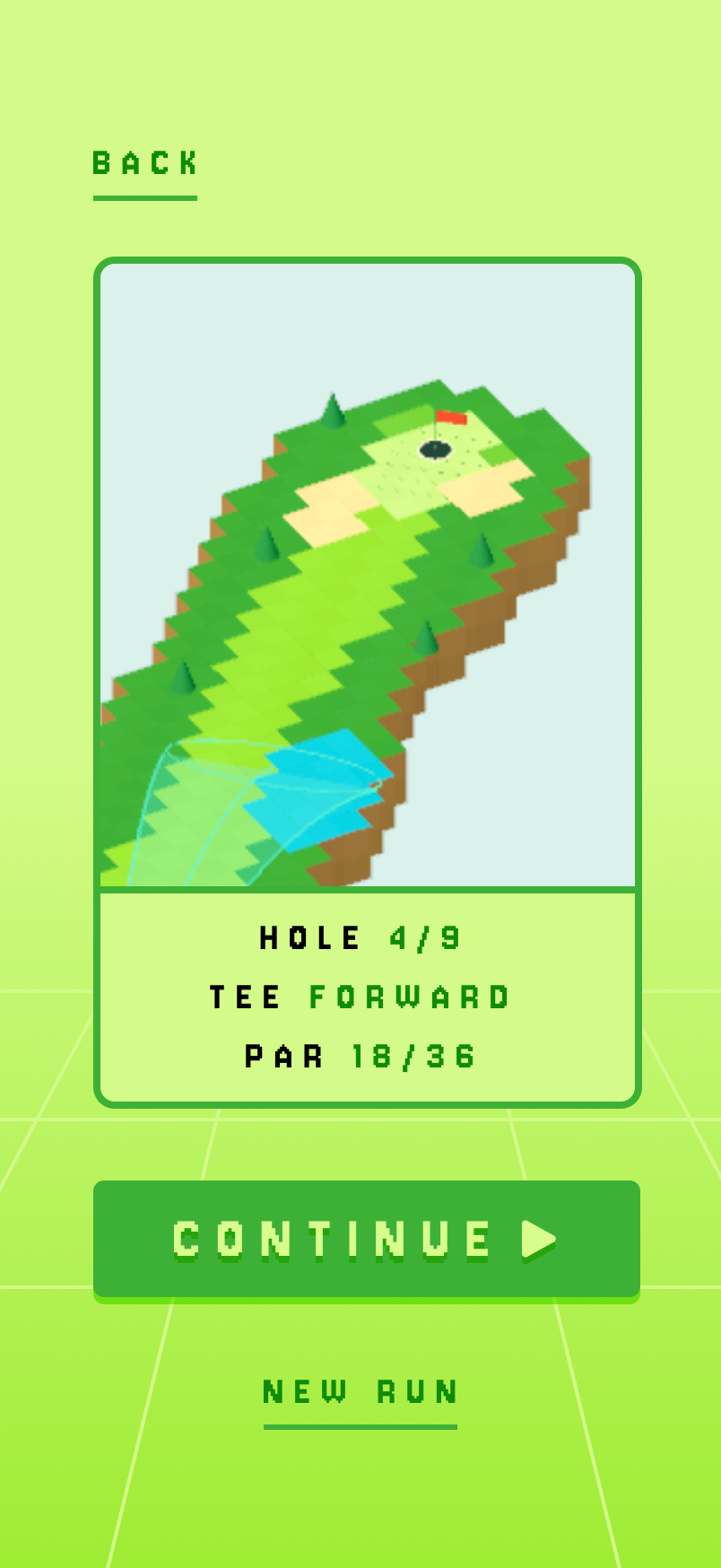 Grid Golf continue screen showing an isometric course and progress through a nine-hole run