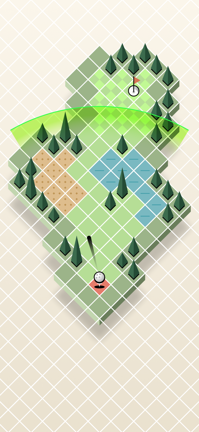 Isometric course concept with trees, bunkers, water, and a green shot-distance arc