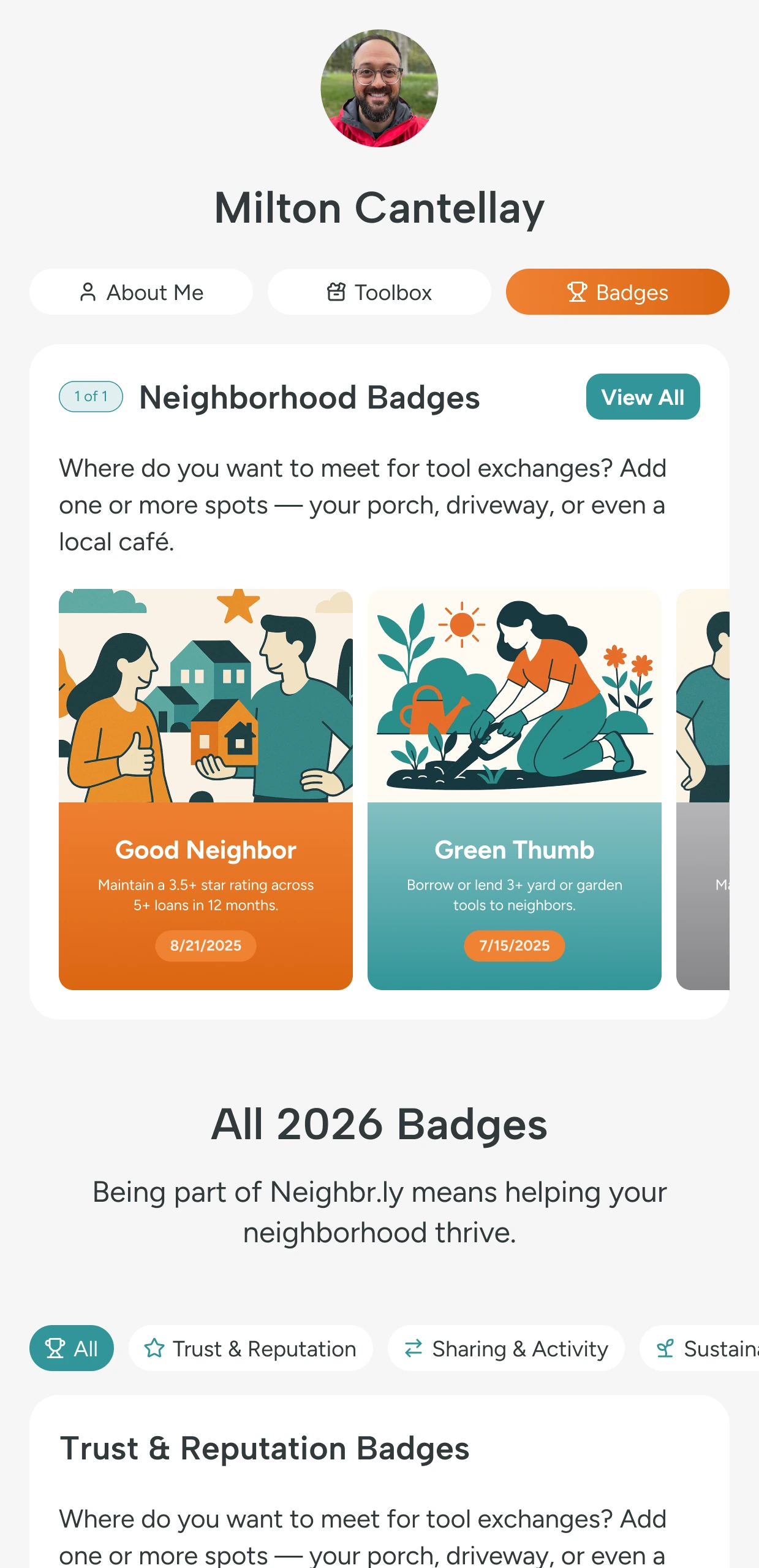 Member profile with community badges and achievement descriptions