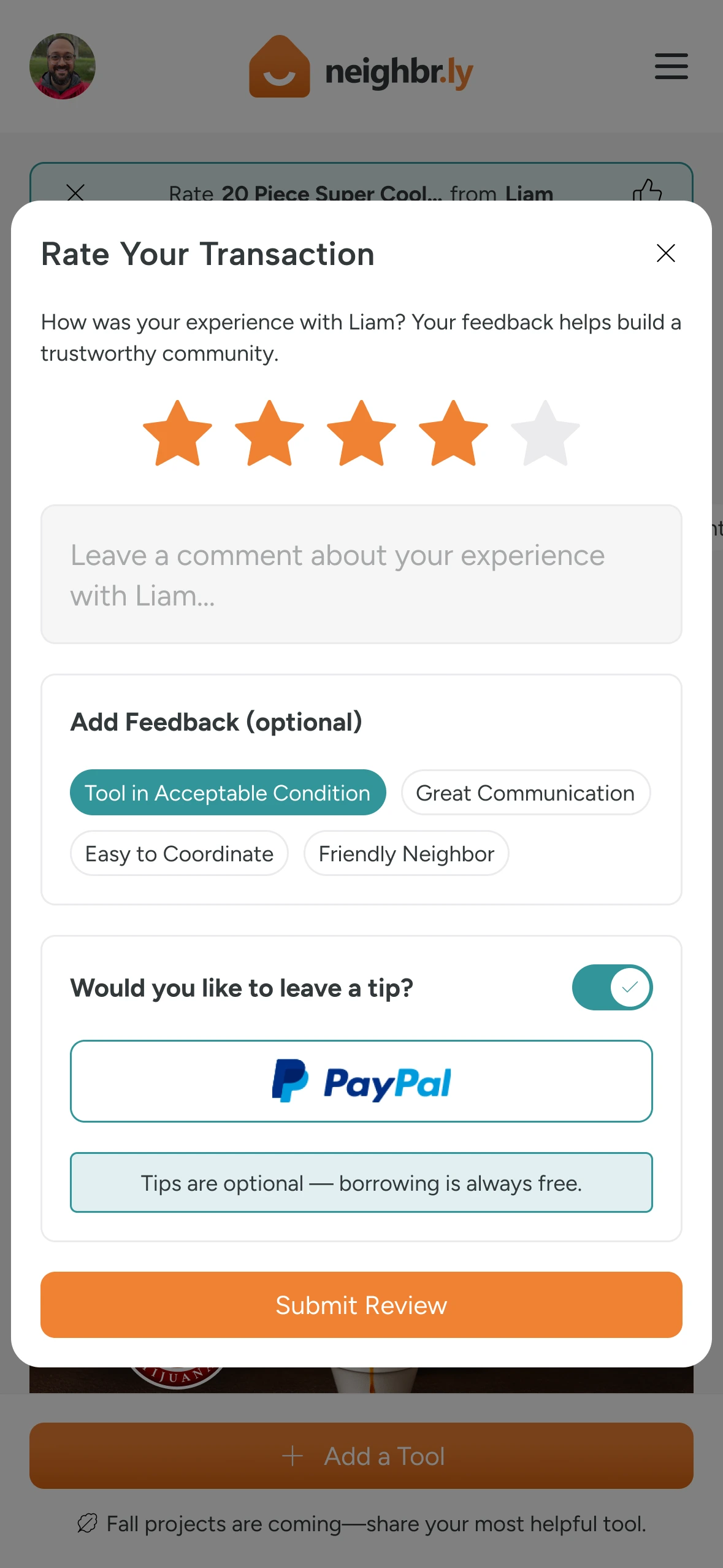 Transaction review shown as an overlay in the Neighbr.ly app