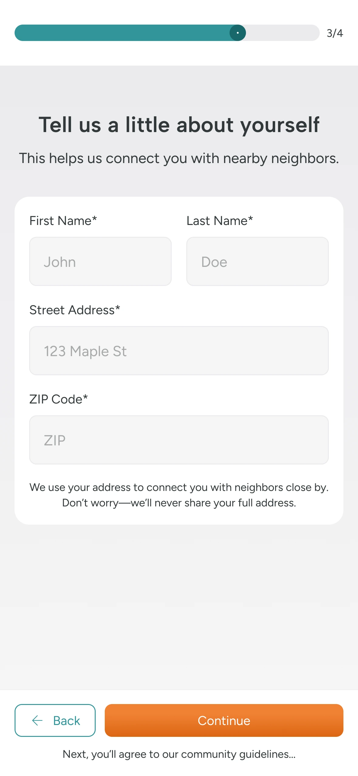 Onboarding form collecting name and neighborhood location
