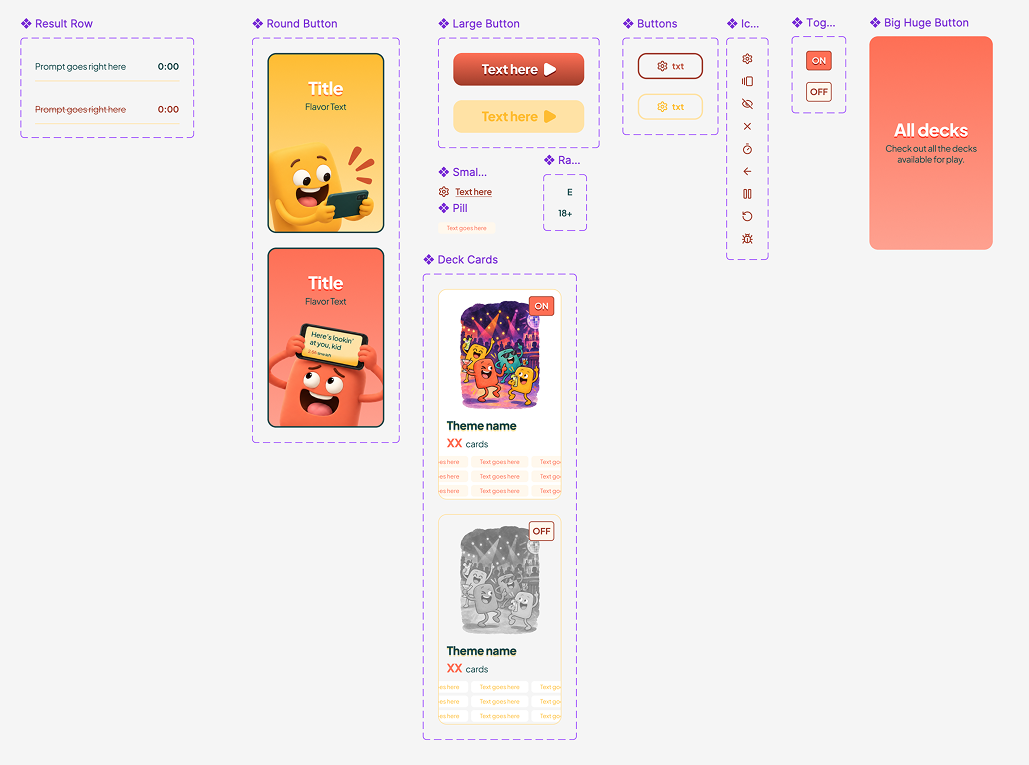 Figma component library with game mode cards, deck cards, buttons, toggles, icons, and result rows