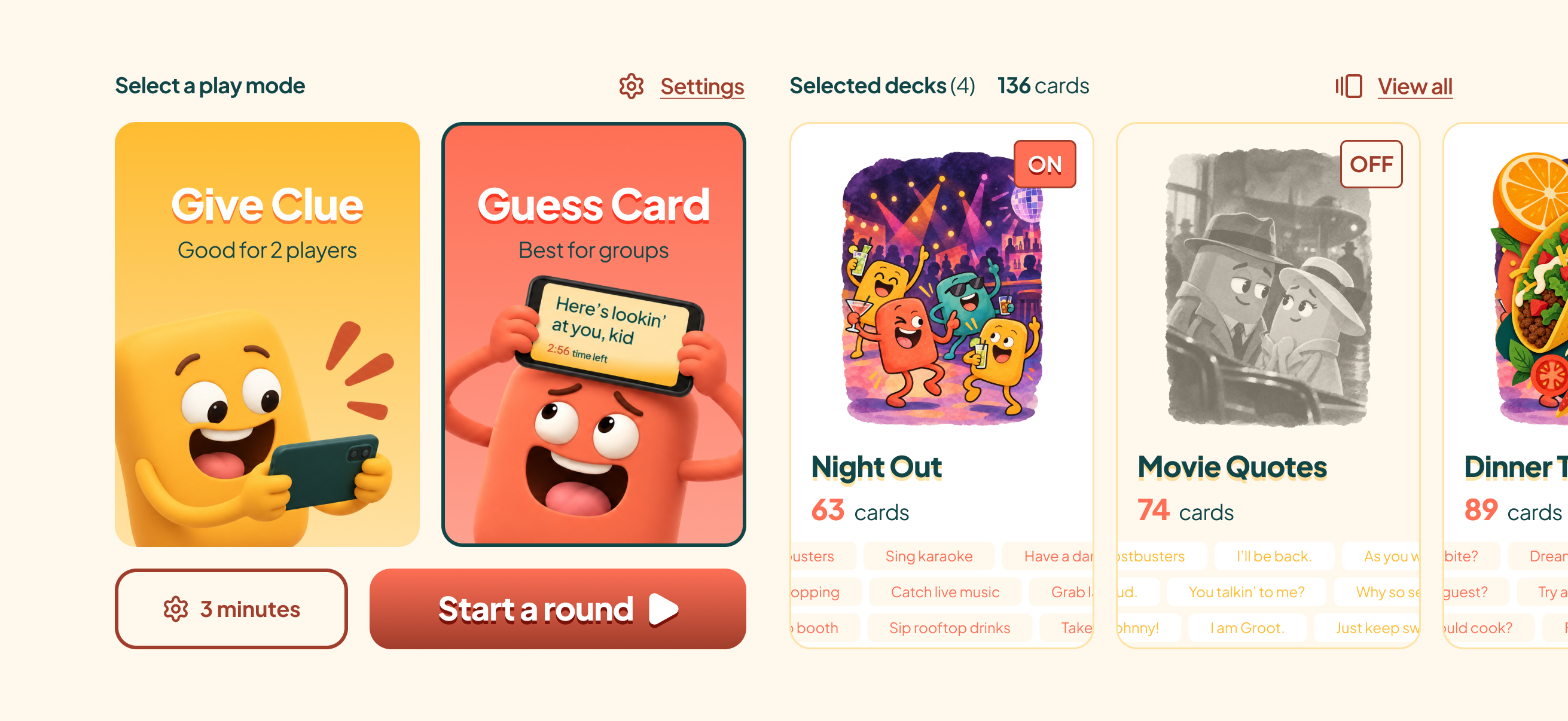Out With It! setup screen with Give Clue and Guess Card modes, selectable decks, and round duration