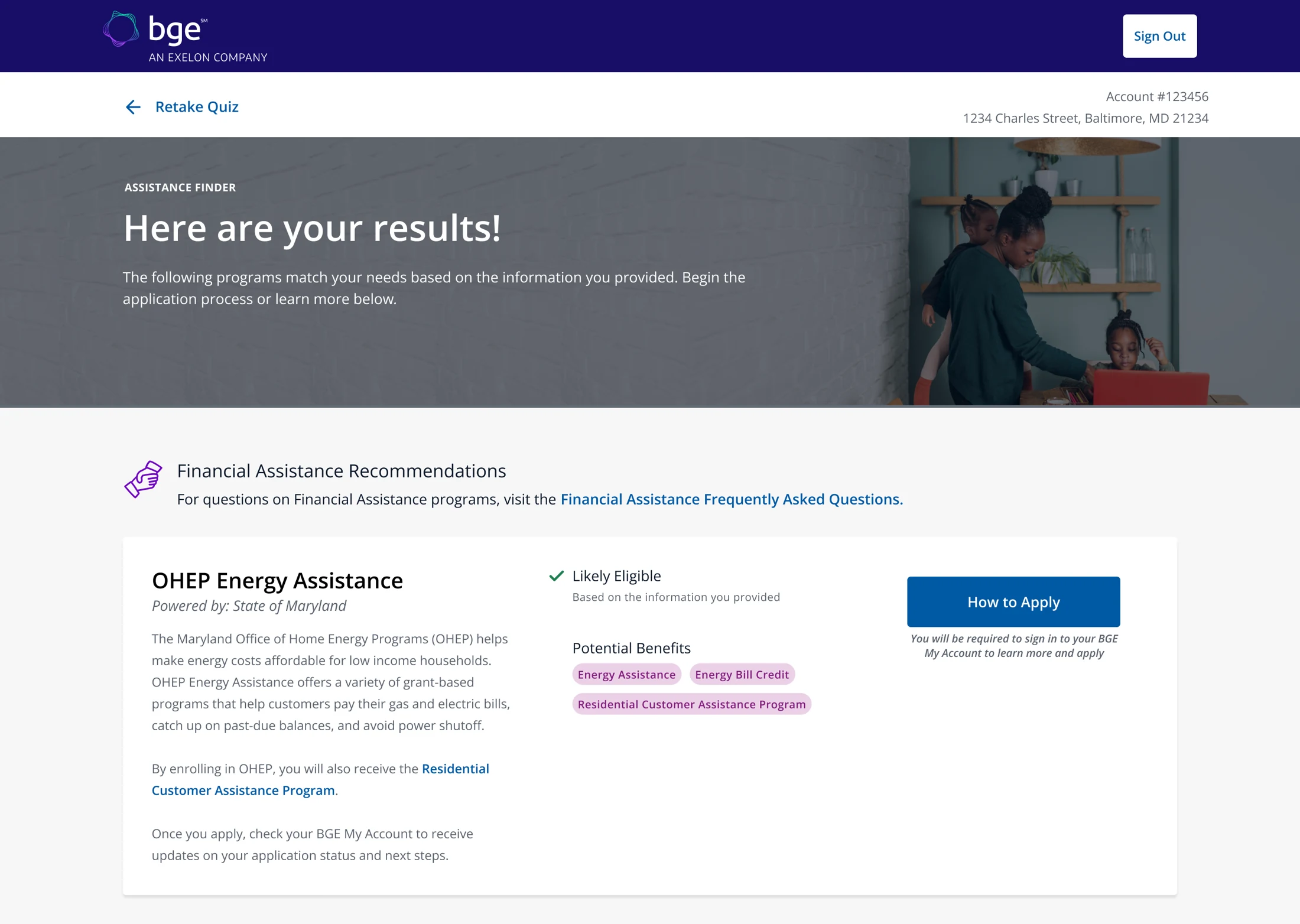Assistance Recommendations page showing energy assistance eligibility and application information