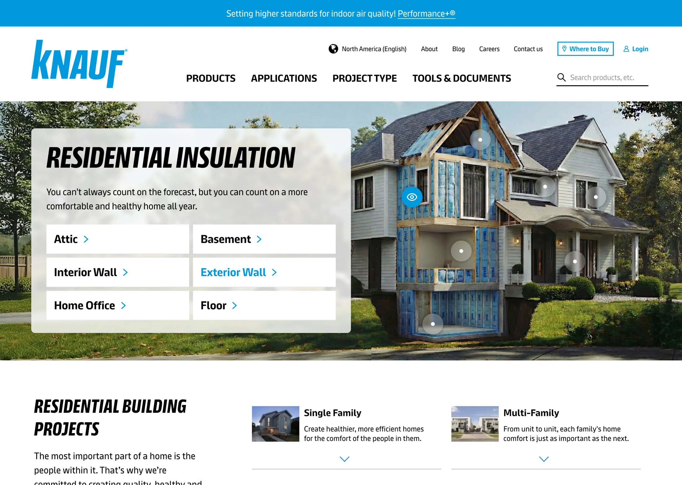 Knauf residential insulation page with an interactive cut-away home and room selection