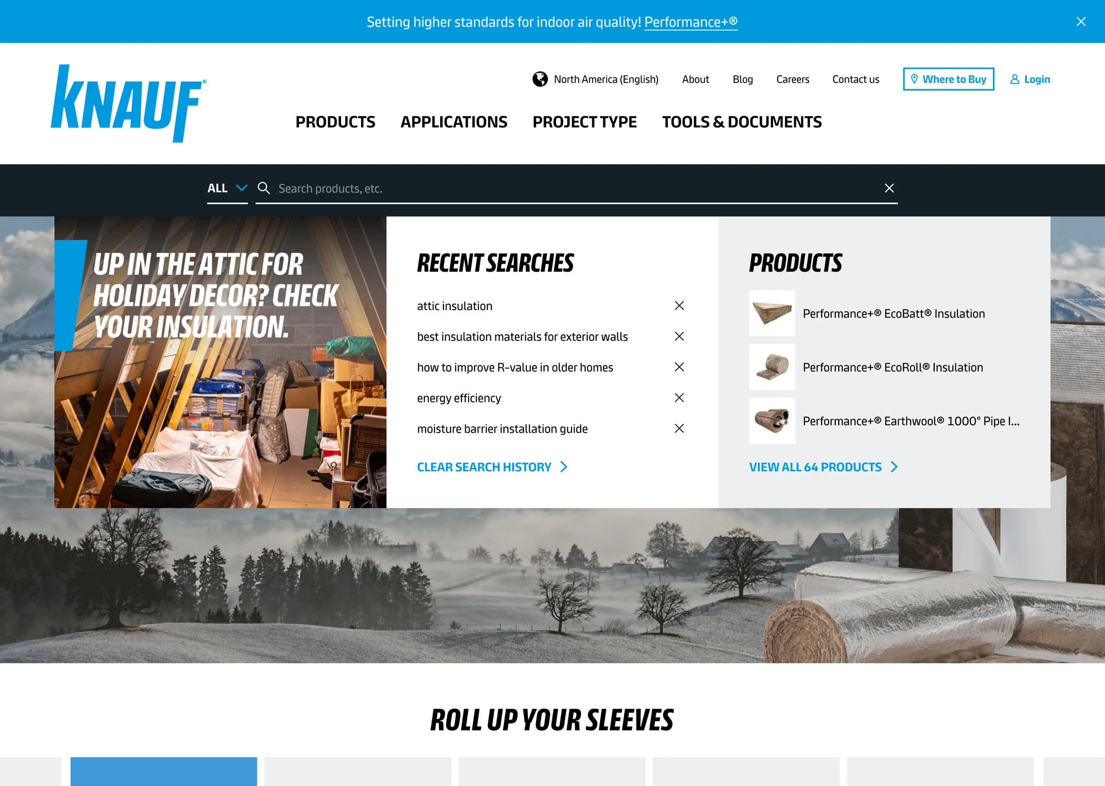 Knauf search overlay with recent searches and suggested insulation products