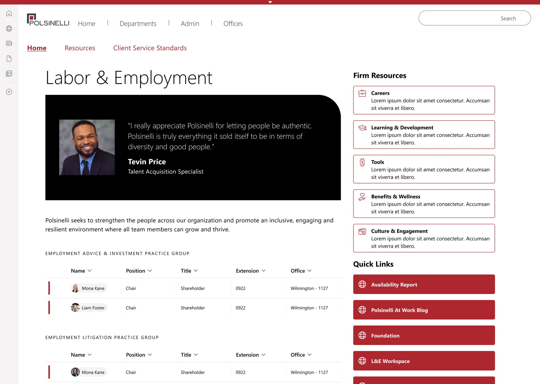 Polsinelli Labor and Employment department page with introduction, employee directory, and firm resources