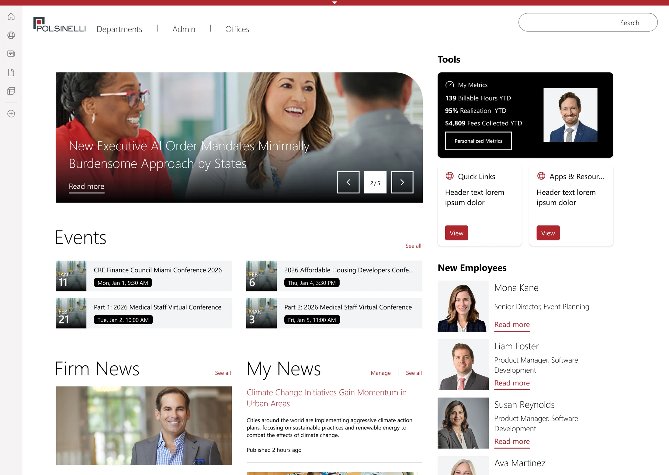 Polsinelli intranet homepage with firm news, events, personalized tools, quick links, and new employees