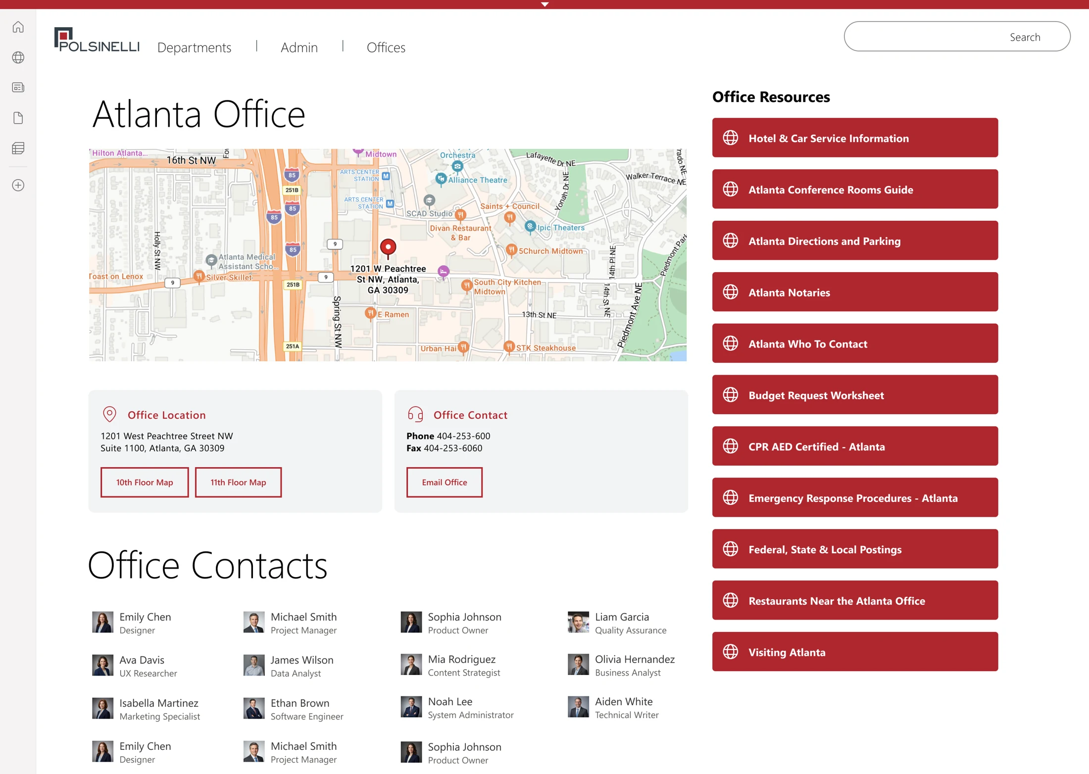 Polsinelli Atlanta office page with location map, contacts, and office resource links