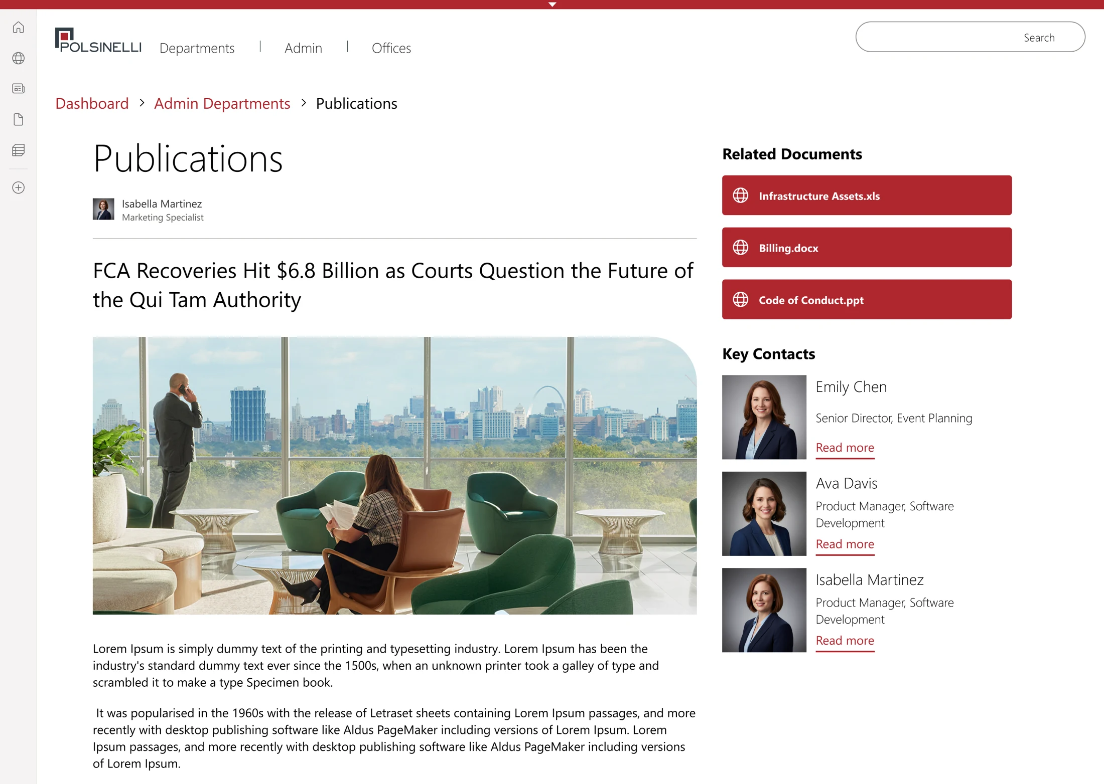 Polsinelli Publications topic page with an article, related documents, and key contacts
